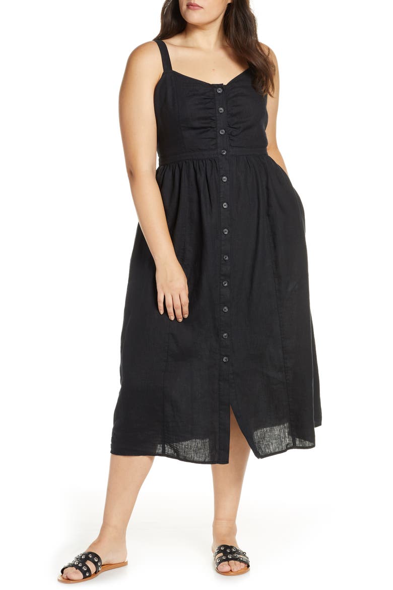 Linen Midi Dress, Alternate, color, BLACK