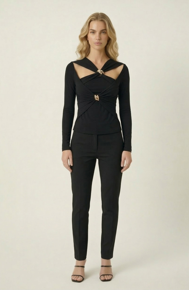 Modenaire Cutout Twist Front Top with Gold Hardware, Alternate, color, Black