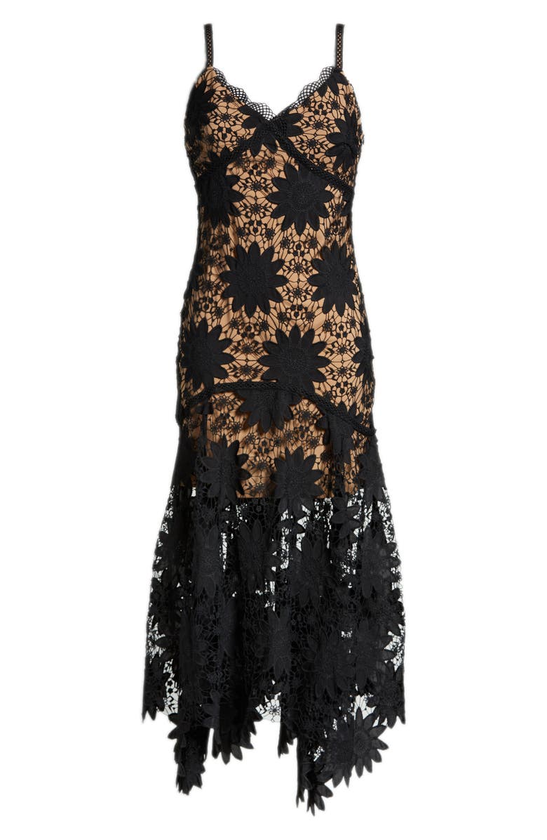 Elliatt Channeling Guipure Lace Handkerchief Hem Cocktail Dress, Alternate, color, Black