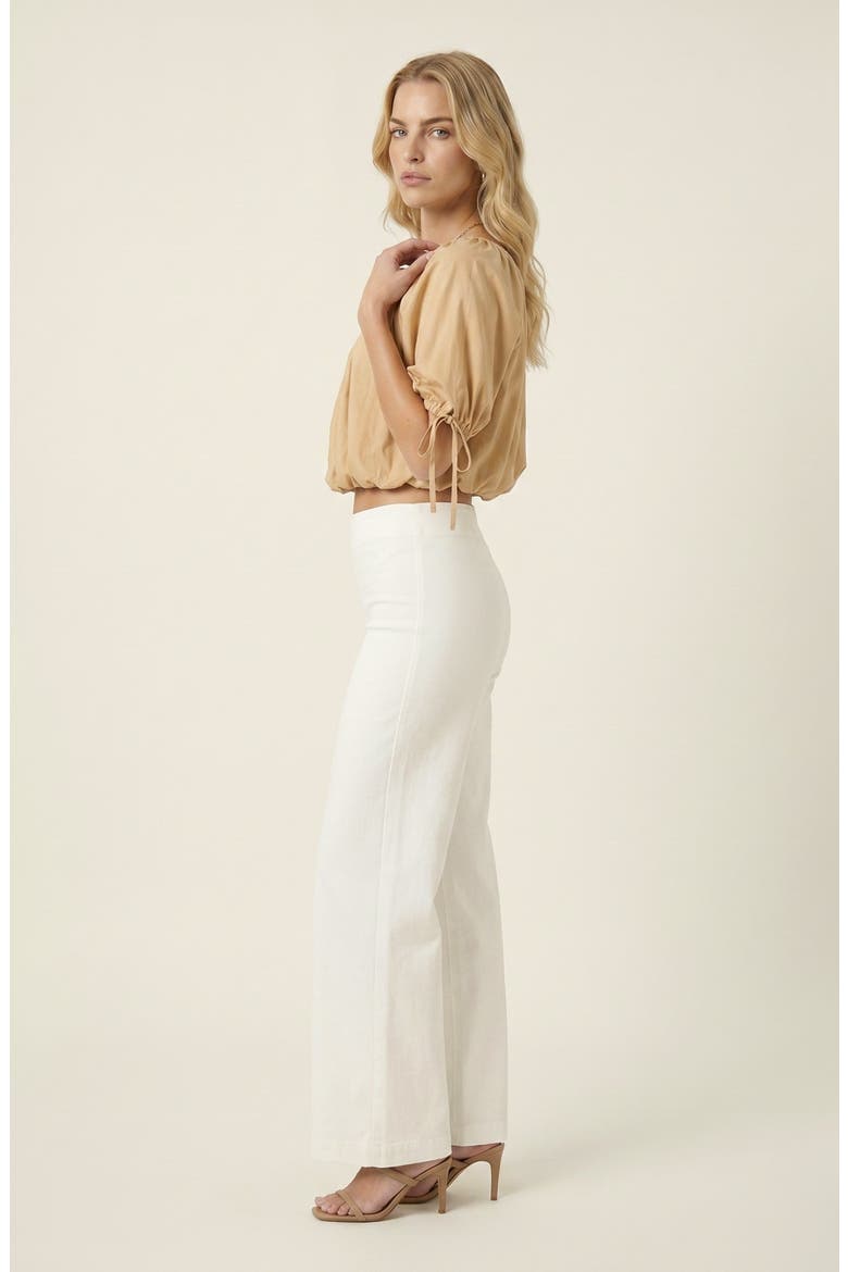 Puff Sleeve Short Top with Gathered Neckline, Alternate, color, Khaki
