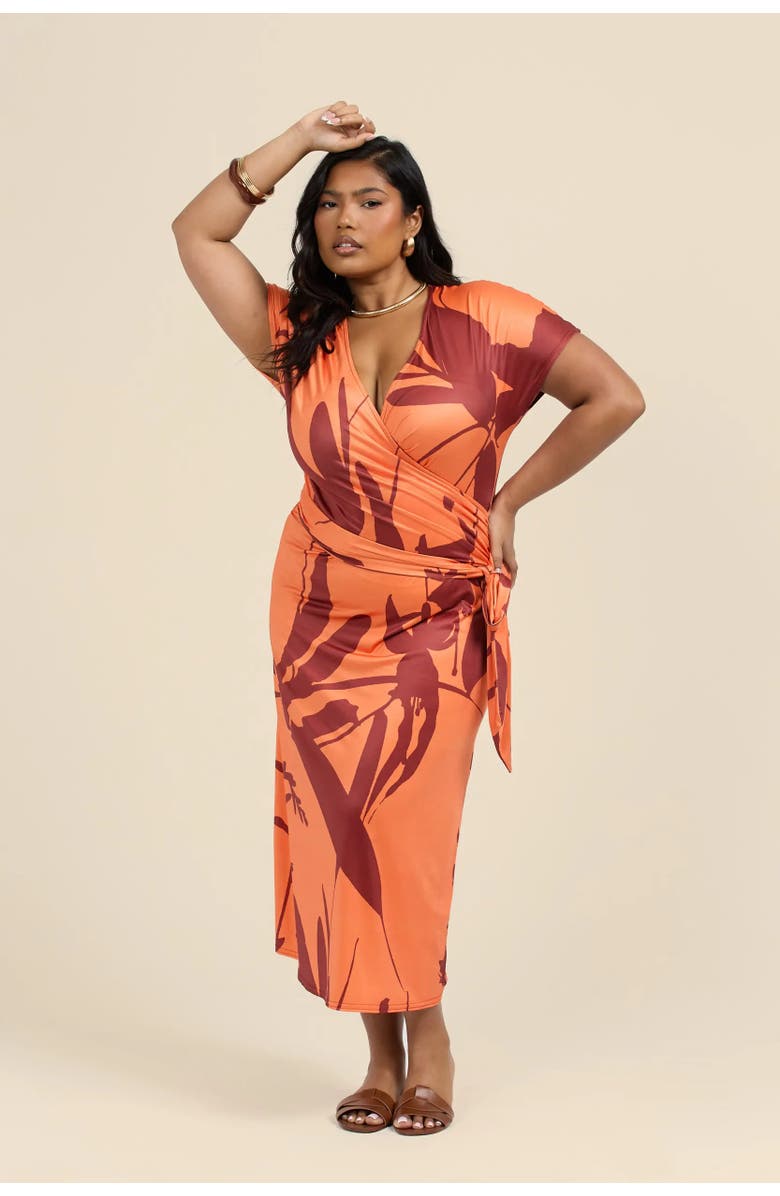 FASHION-SZN CURVE Plus Size Floral Wrap Jersey Midi Dress, Main, color, Orange