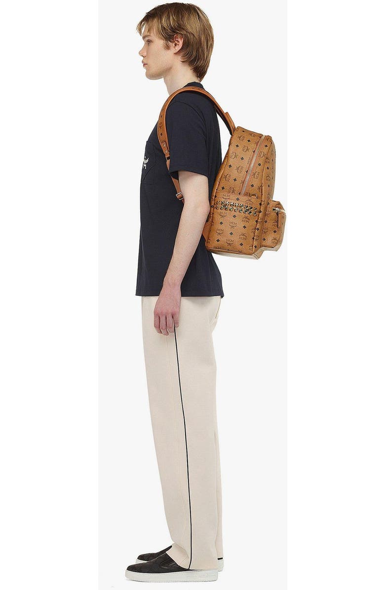 MCM Stark Side Studs Backpack in Visetos, Alternate, color, Cognac