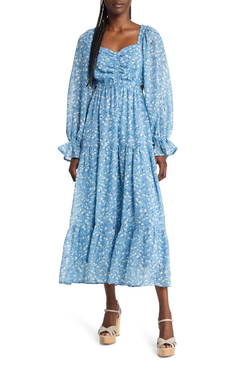 MOON RIVER Floral Long Sleeve Tiered Midi Dress, Main, color, 