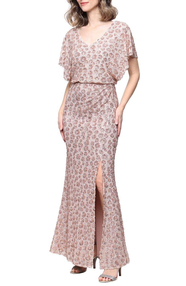 Alex Evenings Sequin Embellished Flutter Sleeve Mermaid Gown, Main, color, Rose Gold