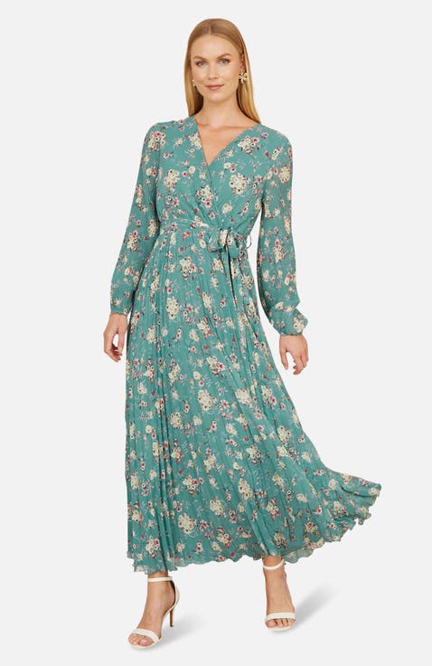 Floral Long Sleeve Tie-Waist Maxi Dress