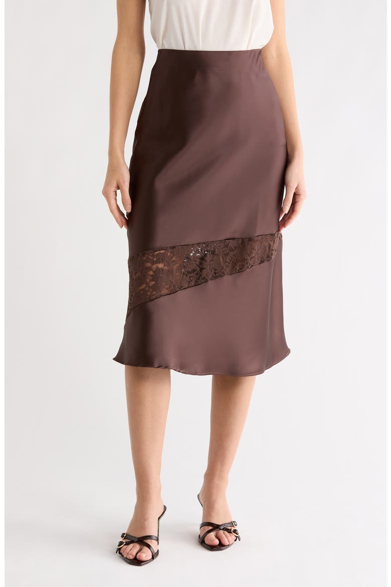 Satin & Lace Midi Skirt, Main, color, BROWN