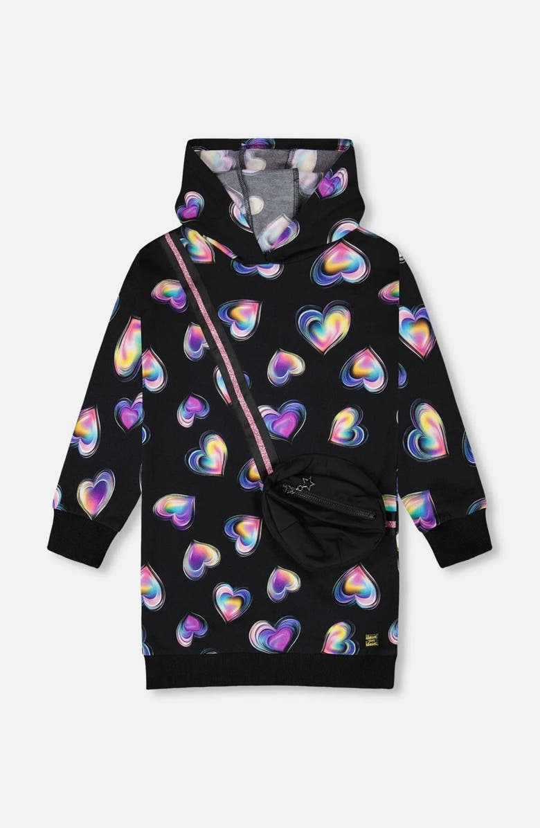 Deux par Deux Hooded Fleece Dress with Trompe-L’Œil Bag Detail, Main, color, Black And Multicolor