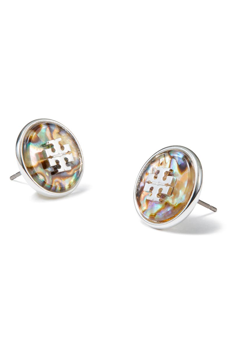 Tory Burch Abalone Stud Earrings, Alternate, color, Light Silver / Abalone