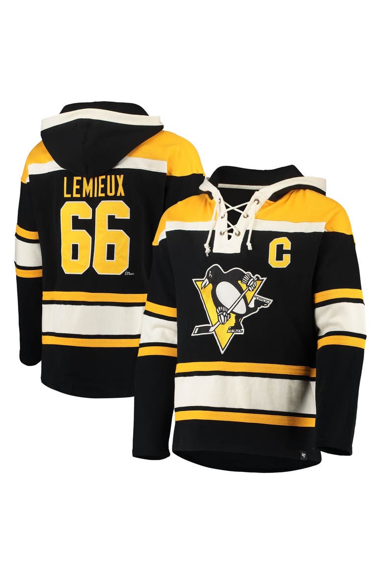 Men's '47 Mario Lemieux Black Pittsburgh Penguins Retired Player Name & Number Lacer Pullover Hoodie, Main, color, Black