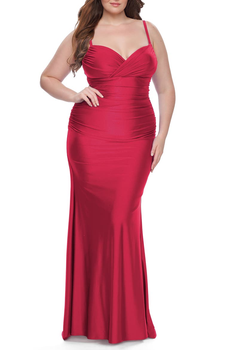 Ruched Jersey Plus Size Dress with Lace Up Back, Main, color, Red