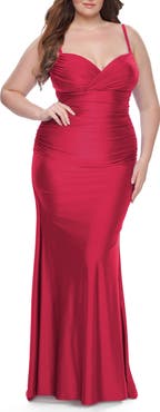 La Femme Ruched Jersey Plus Size Dress with Lace Up Back