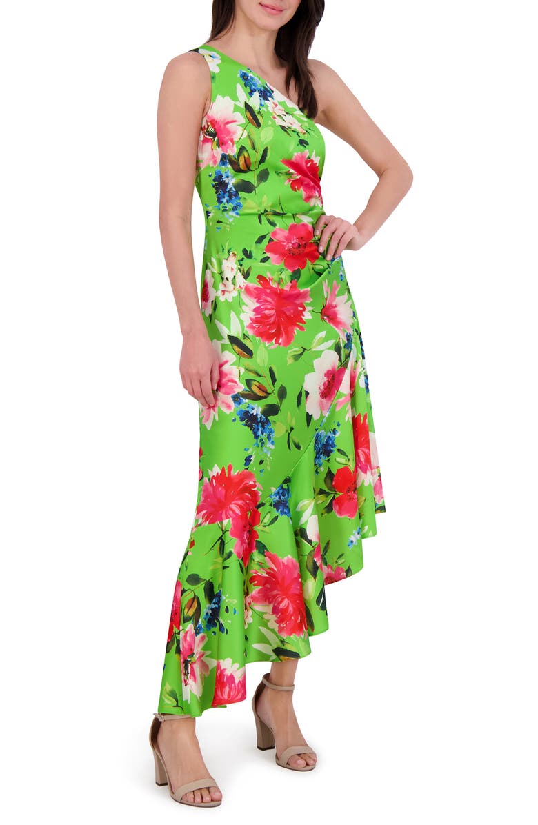 Eliza J One Shoulder Floral Asymmetric Satin Cocktail Dress, Alternate, color,