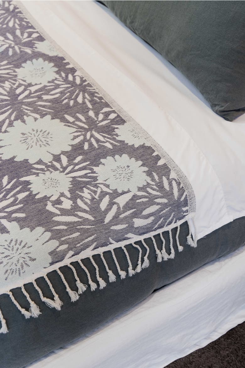 Flower Pop Organic Cotton Medium Weight Throw Blanket, Alternate, color, Navy with Mint Flowers