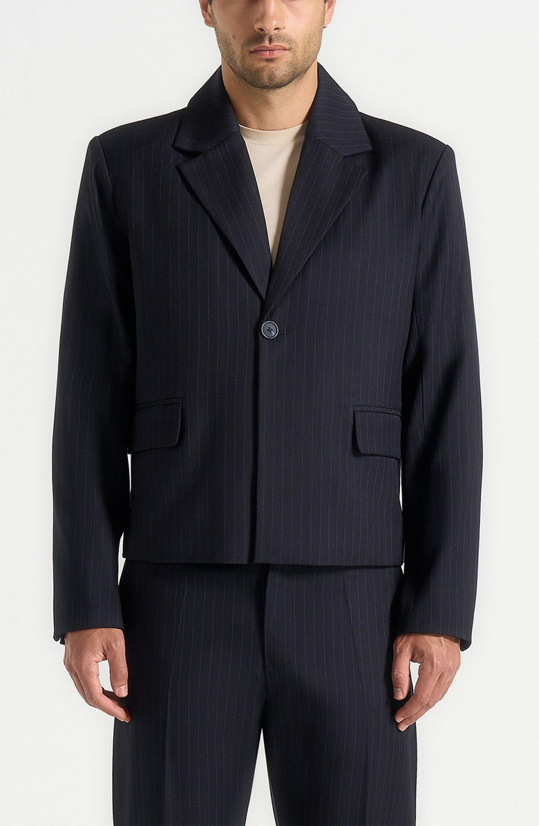 Manière De Voir Silas Pinstriped Tailored Cropped Blazer, Alternate, color, Navy Pinstripe