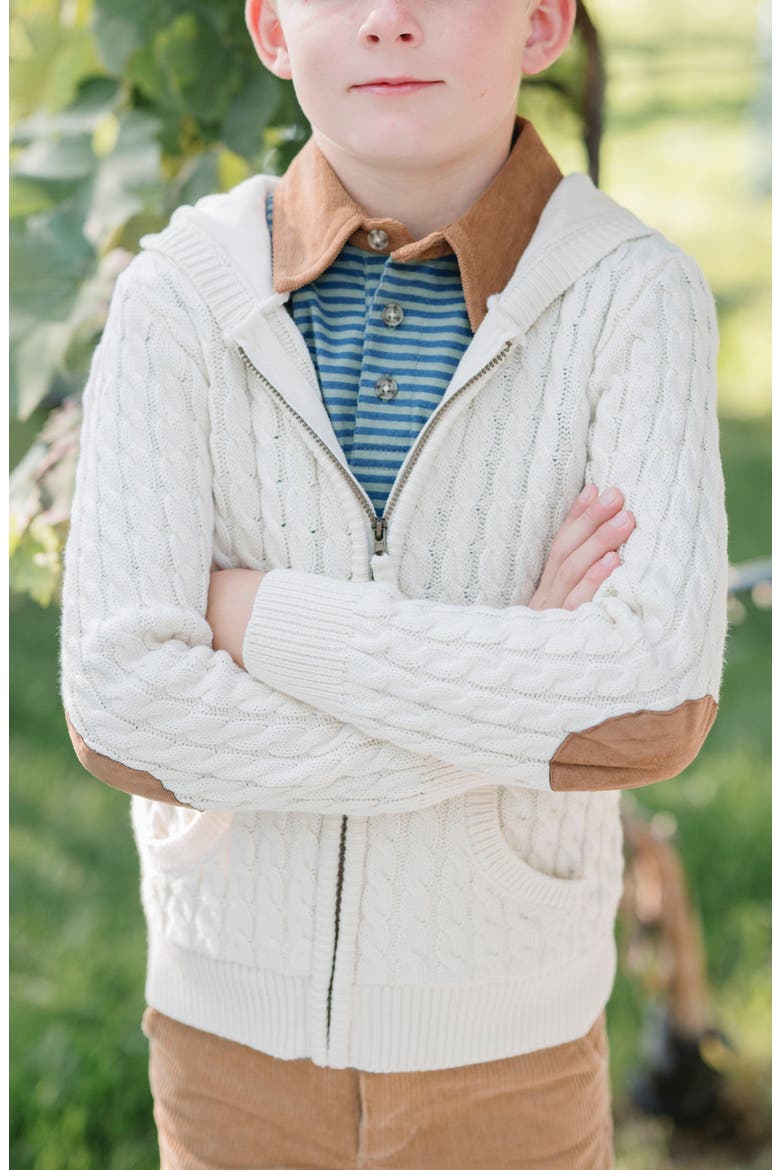 Kids' Organic Full Zip Hooded Sweater with Elbow Patches, Alternate, color, Ivory Cable
