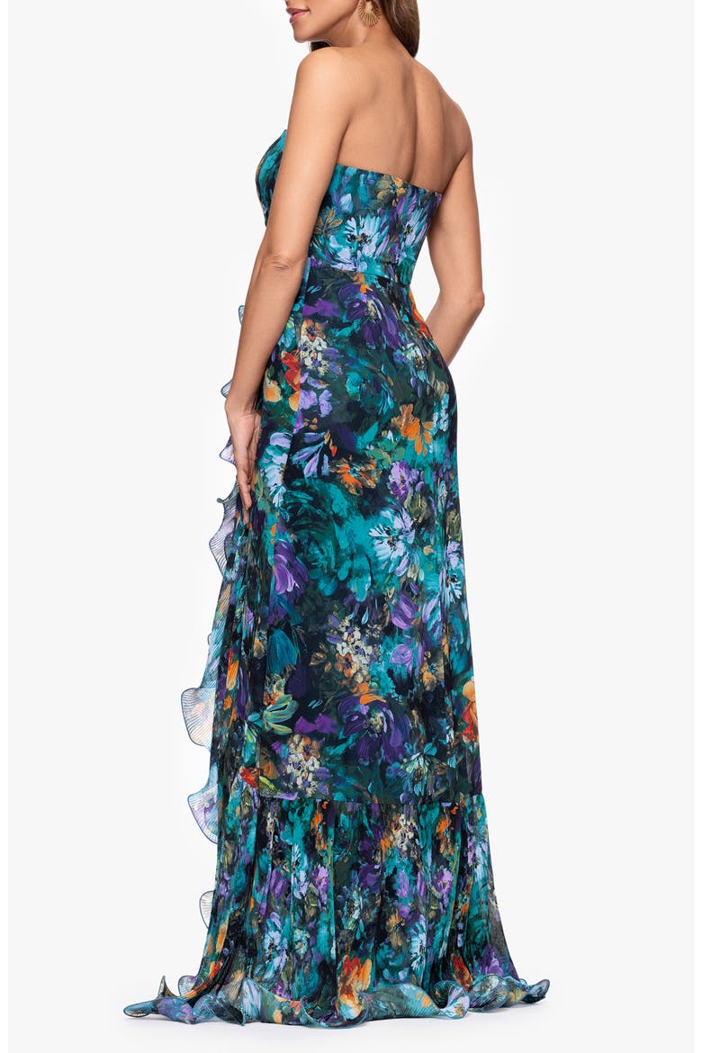 Pleated Ruffle Strapless Mermaid Gown, Alternate, color, TEAL/ MULTI