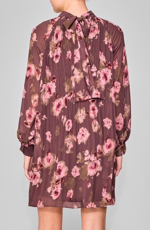 Melloday Floral Print Long Sleeve Minidress In Burgundy
