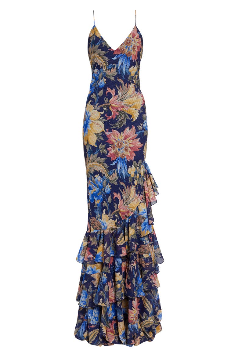 Floral Ruffle Check Jacquard Gown, Alternate, color, PRINT ON BLUE BASE