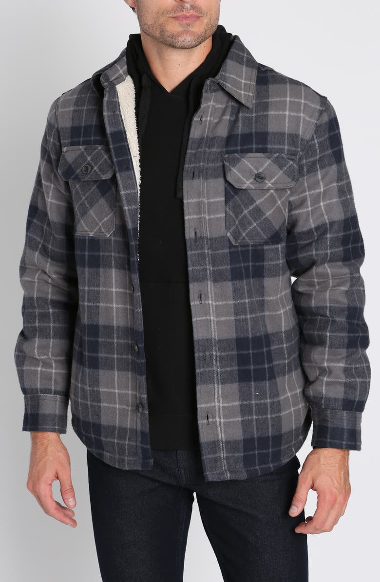 JACHS Plaid Brushed Flannel Faux Shearling Lined Hooded Shirt Jacket, Main, color, 