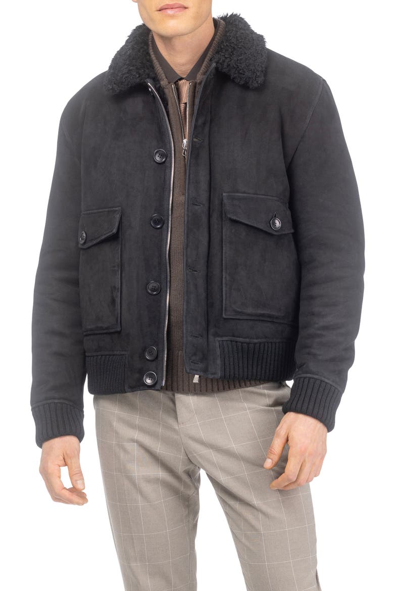 Men's Genuine Shearling Bomber Jacket, Suede Finish, Main, color, Black