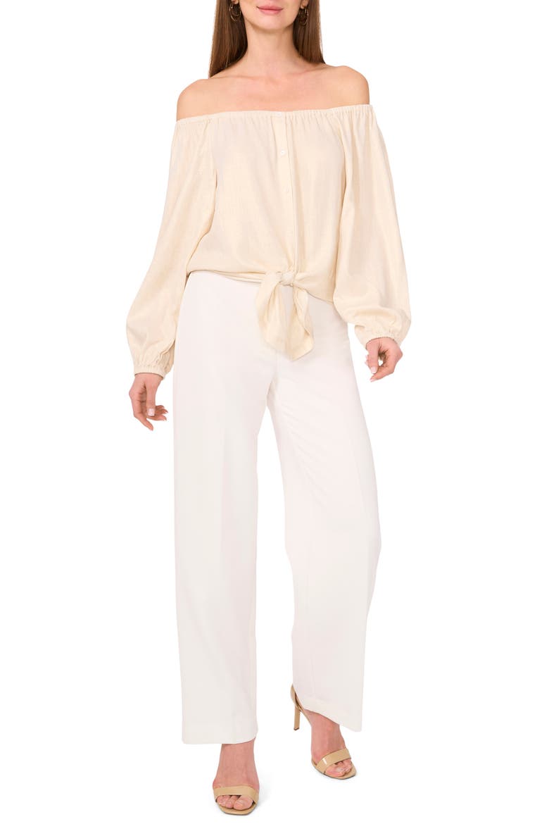 Off the Shoulder Tie Hem Button-Up Top, Alternate, color, TURTLEDOVE