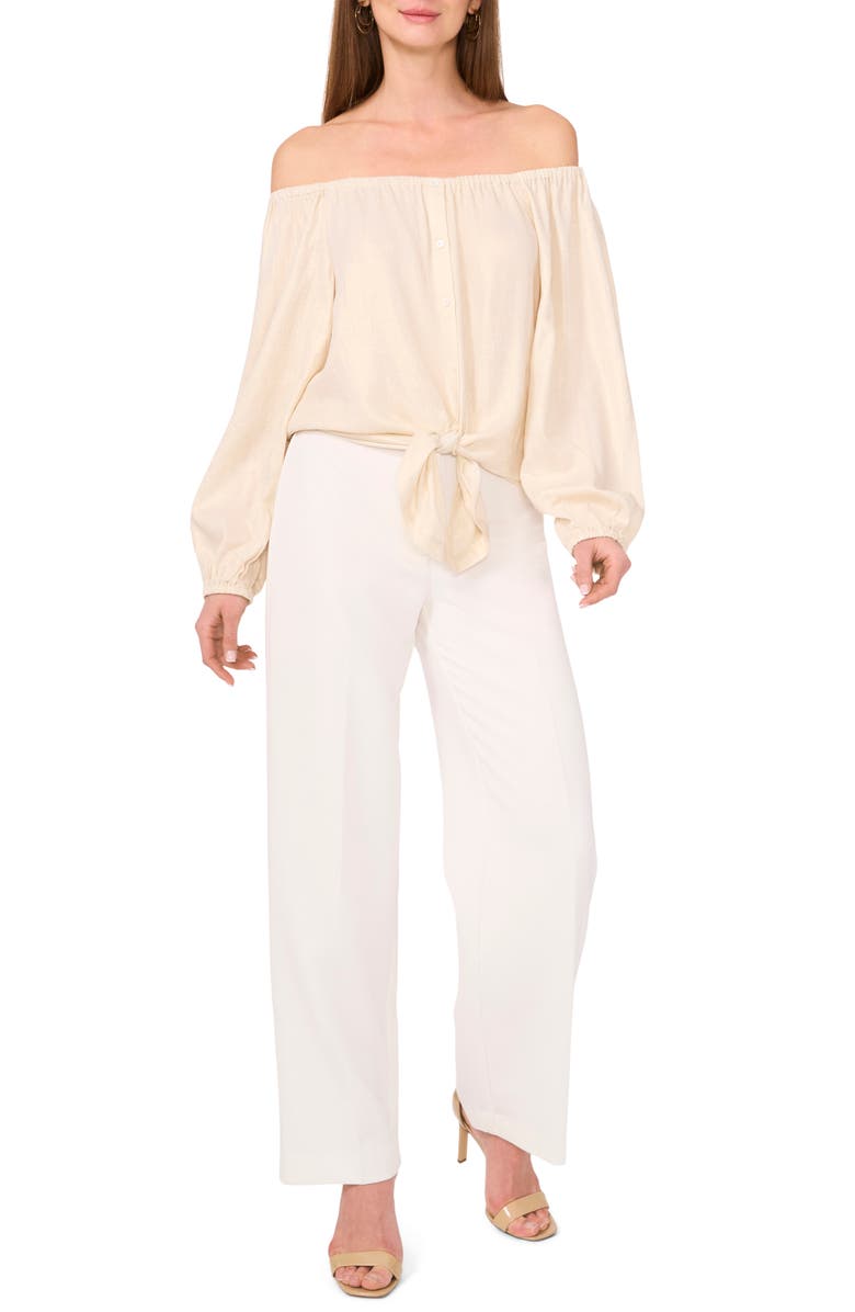 Vince Camuto Off the Shoulder Tie Hem Button-Up Top, Alternate, color, Turtledove