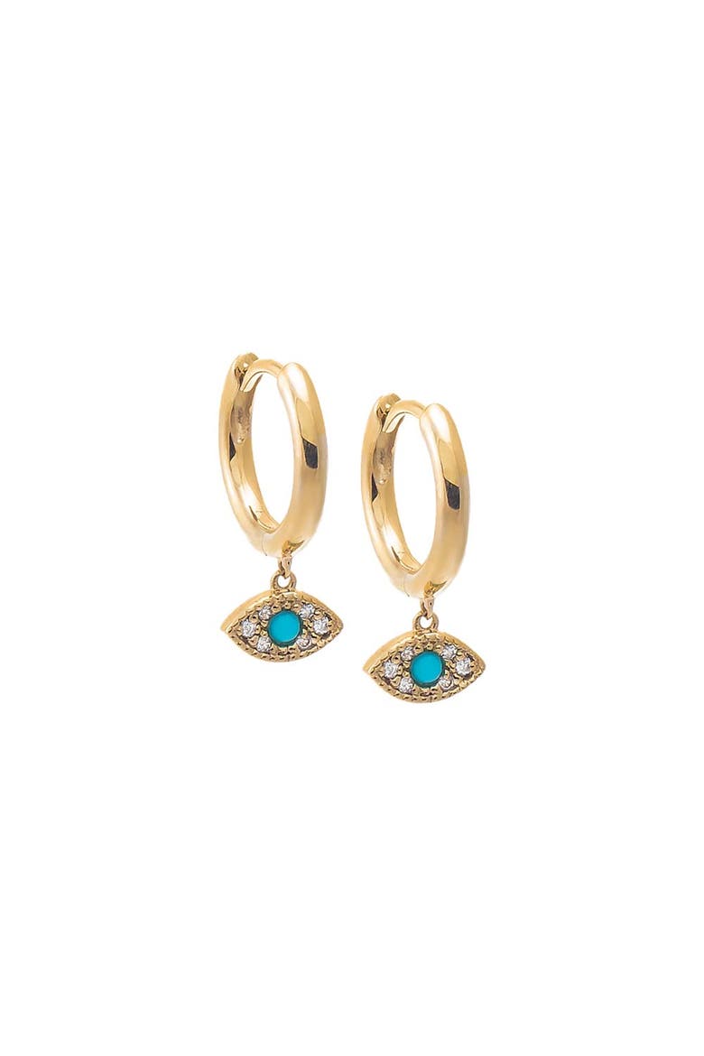 Diamond Pave X Turquoise Dangling Evil Eye Huggie Earring 14K, Main, color, Turquoise