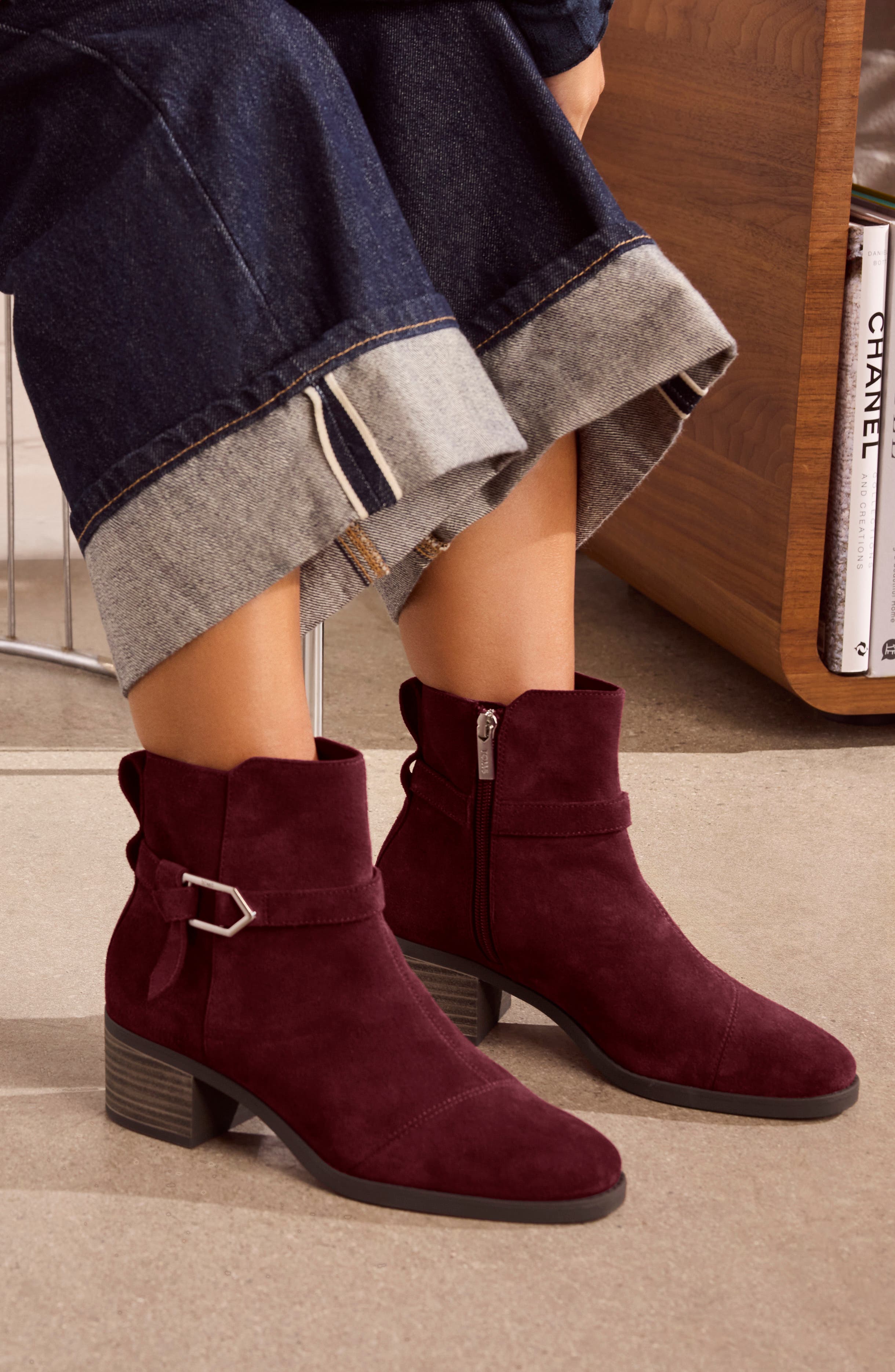 Suede Ankle Bootie, Alternate, color, DARK RED