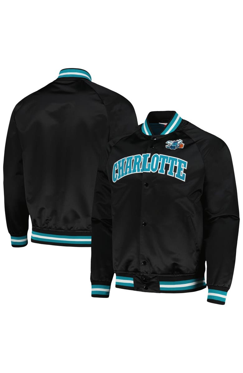 Mitchell & Ness Men's Mitchell & Ness Black Charlotte Hornets Hardwood Classics  Throwback Wordmark Raglan Full-Snap Jacket, Main, color, 