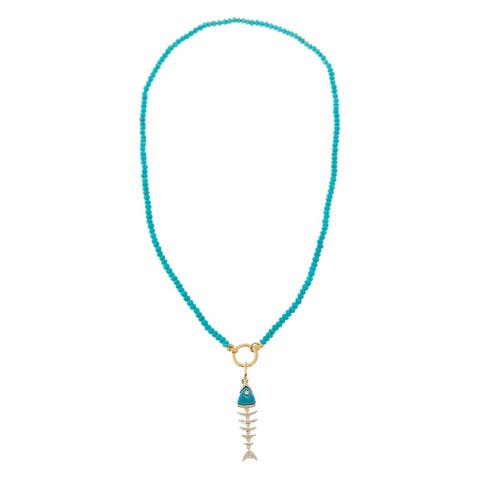 Turquoise Beaded Toggle Fish Charm Necklace 14K
