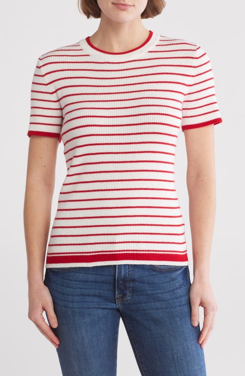 Short Sleeve Ribbed Striped Sweater