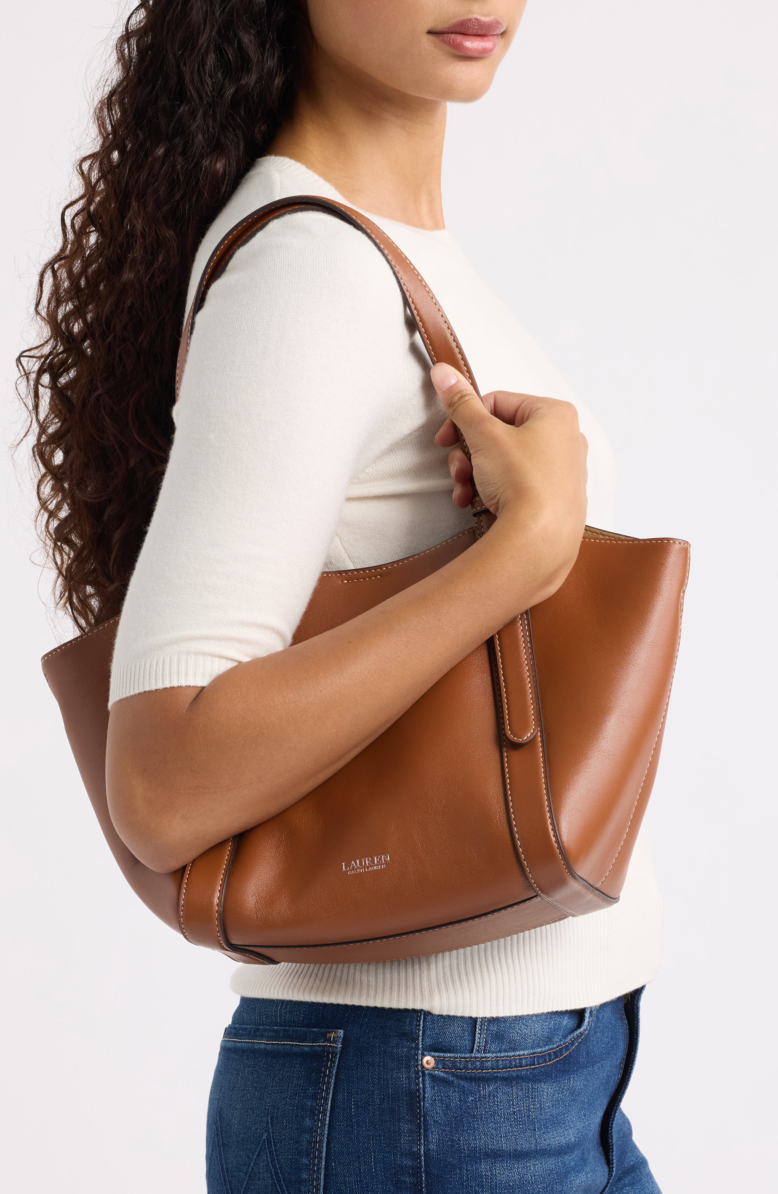 Small Leather Tote, Alternate, color, LAUREN TAN