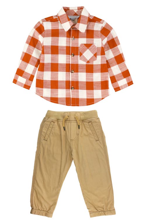 RuggedButts Plaid Button-Up Shirt & Joggers Set in Rust Plaid 