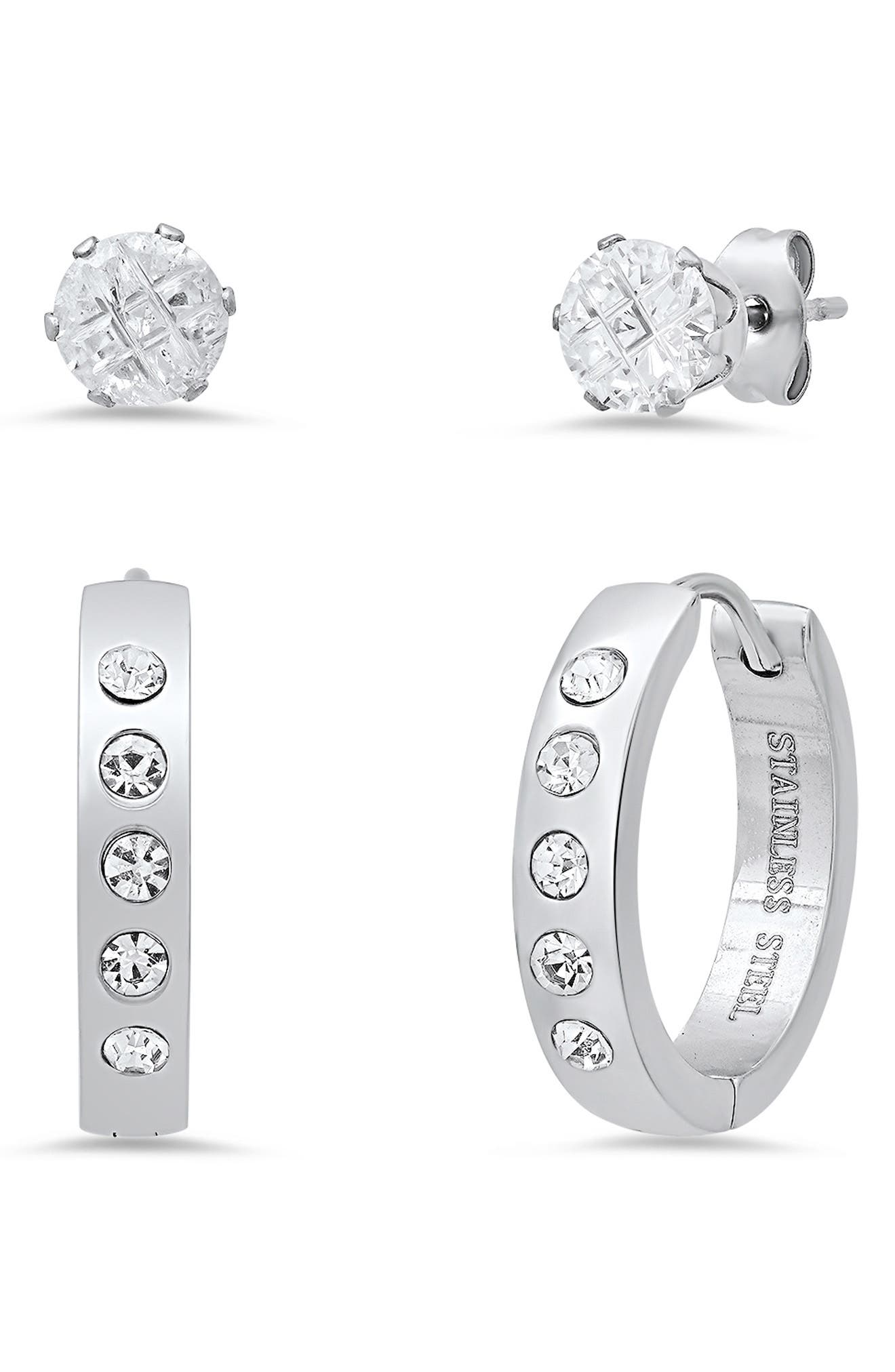 HMY JEWELRY Set of 2 Stainless Steel Crystal Stud & Hoop Earrings