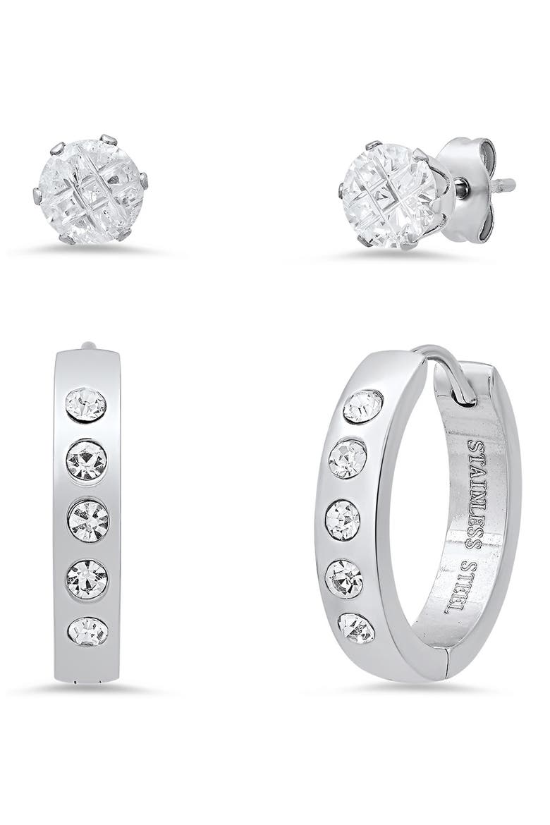 Set of 2 Stainless Steel Crystal Stud & Hoop Earrings, Main, color, SILVER