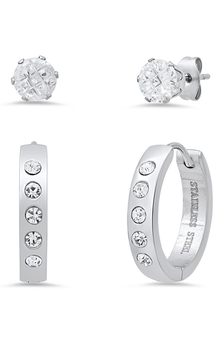 HMY JEWELRY Set of 2 Stainless Steel Crystal Stud & Hoop Earrings, Main, color, Silver
