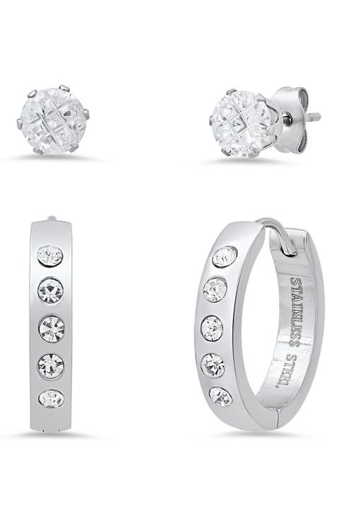 Set of 2 Stainless Steel Crystal Stud & Hoop Earrings