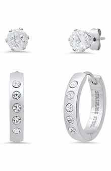 Set of 2 Stainless Steel Crystal Stud & Hoop Earrings