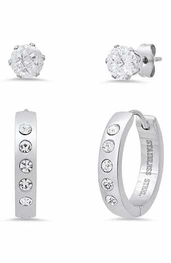 Set of 2 Stainless Steel Crystal Stud & Hoop Earrings