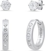 HMY JEWELRY Set of 2 Stainless Steel Crystal Stud & Hoop Earrings
