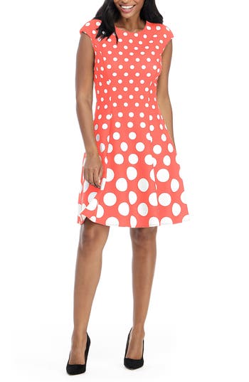 London Times Dot Fit & Flare Dress In Coral White