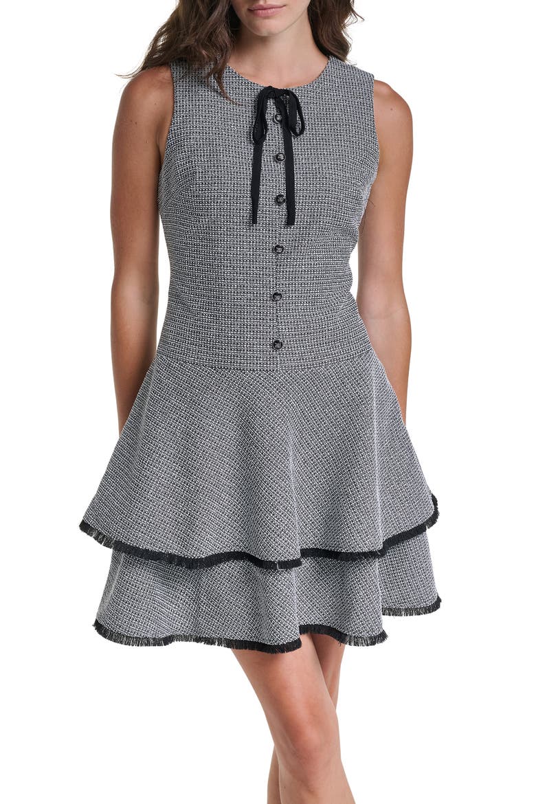 Fringe Detail Tiered Metallic Tweed Minidress, Alternate, color, BLACK/ SOFT WHITE