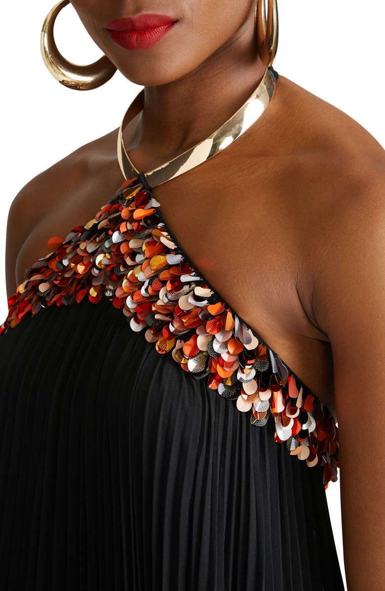 HALSTON Pythia Pleated Chiffon Halter Neck Gown, Alternate, color,