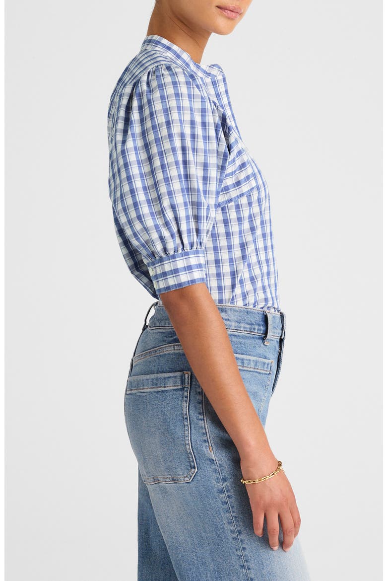 Plaid Puff Sleeve Band Collar Shirt, Alternate, color, BLUE WHITE PLAID