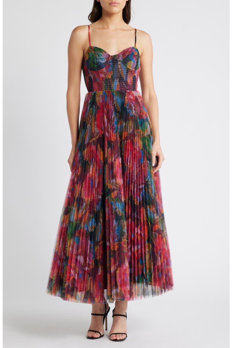 Smocked Tulle Gown, Alternate, color, BLACK FLORAL