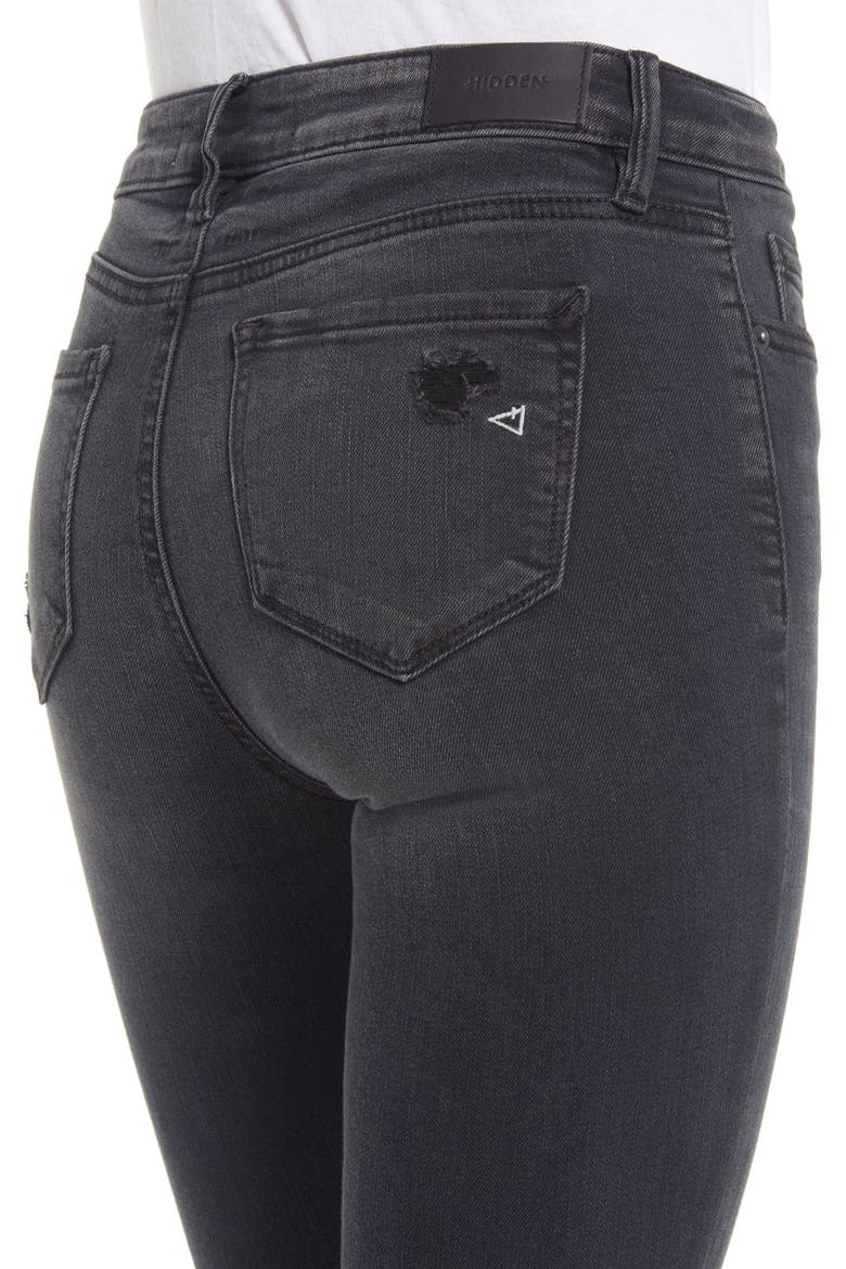 Distressed High Waist Raw Hem Skinny Jeans, Alternate, color, BLACK