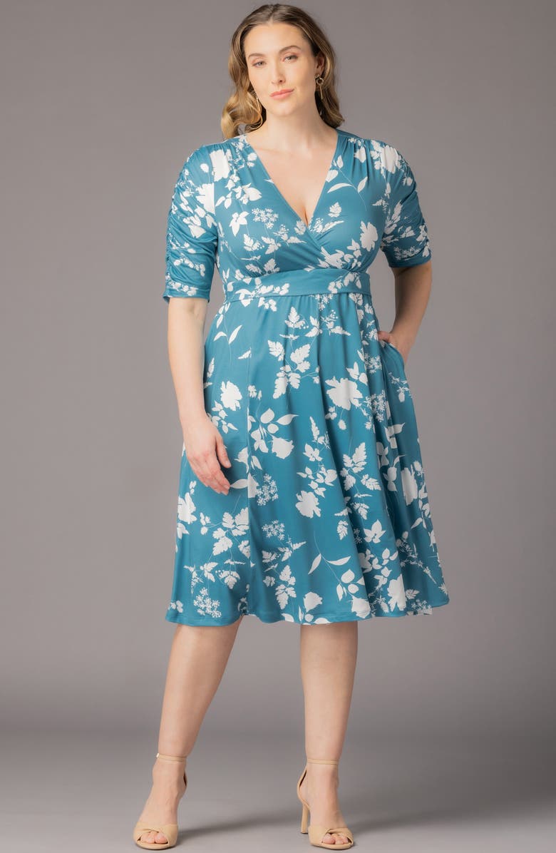 Kiyonna Gabriella Print Jersey A-Line Dress, Alternate, color, Aqua Blooms