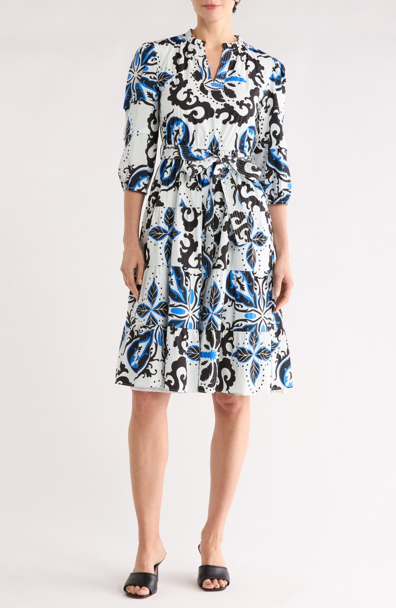 T Tahari Puff Sleeve Cotton Blend Tiered Dress, Main, color, Graphic Medallion Print