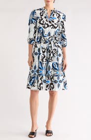 T Tahari Puff Sleeve Cotton Blend Tiered Dress