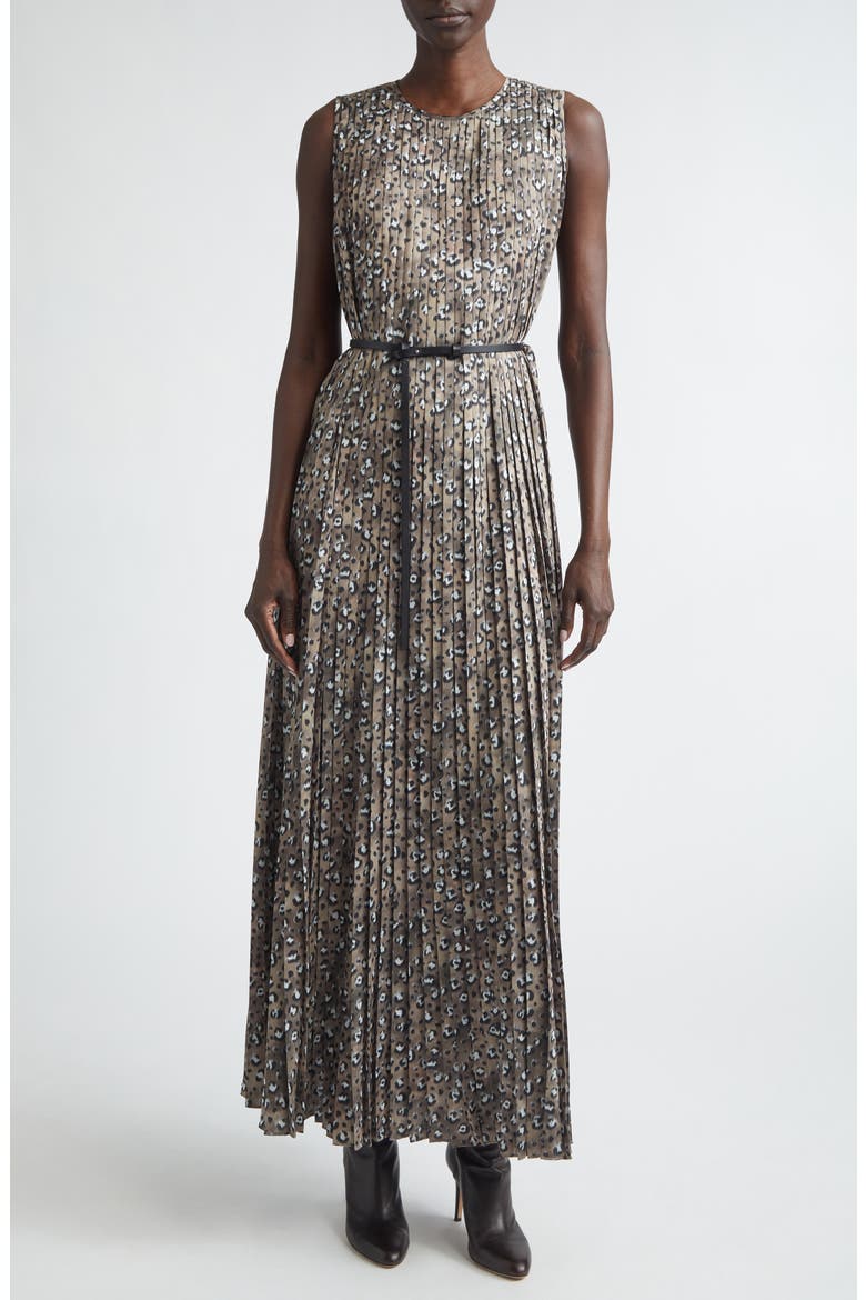 Leopard Print Accordion Pleat Belted Satin A-Line Dress, Main, color, BROWNSTONE MULTI
